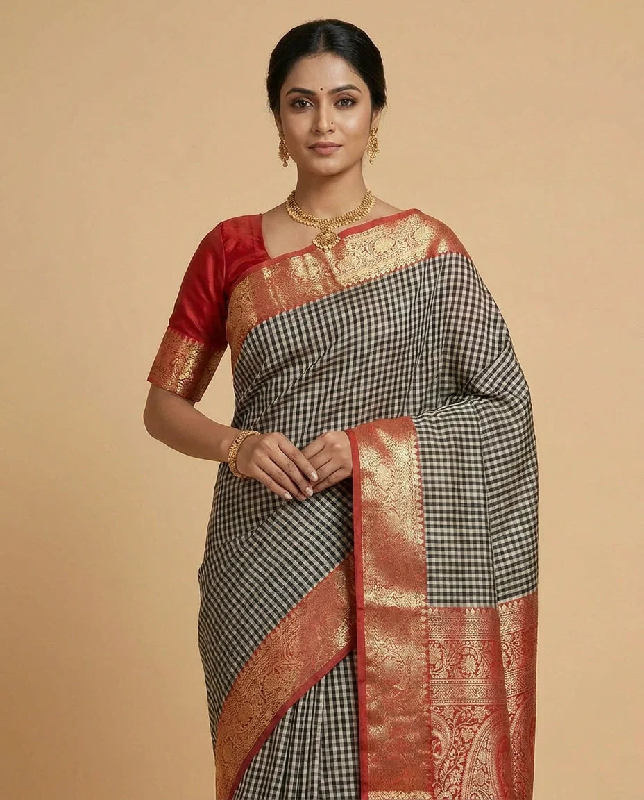 Brown Cotton Banarasi Saree with Jacquard Woven Zari Motif Work - Rangoli India