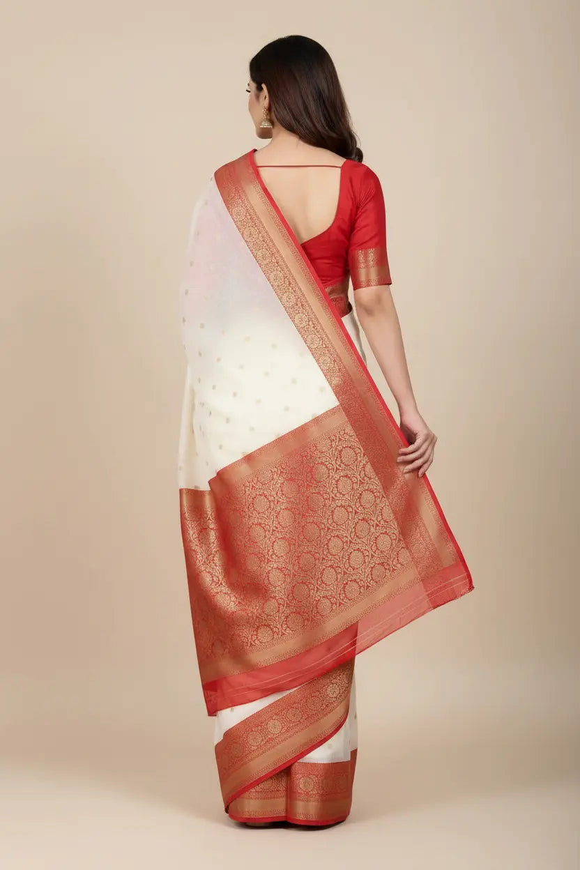 Woman wearing a white saree with red border on a beige background