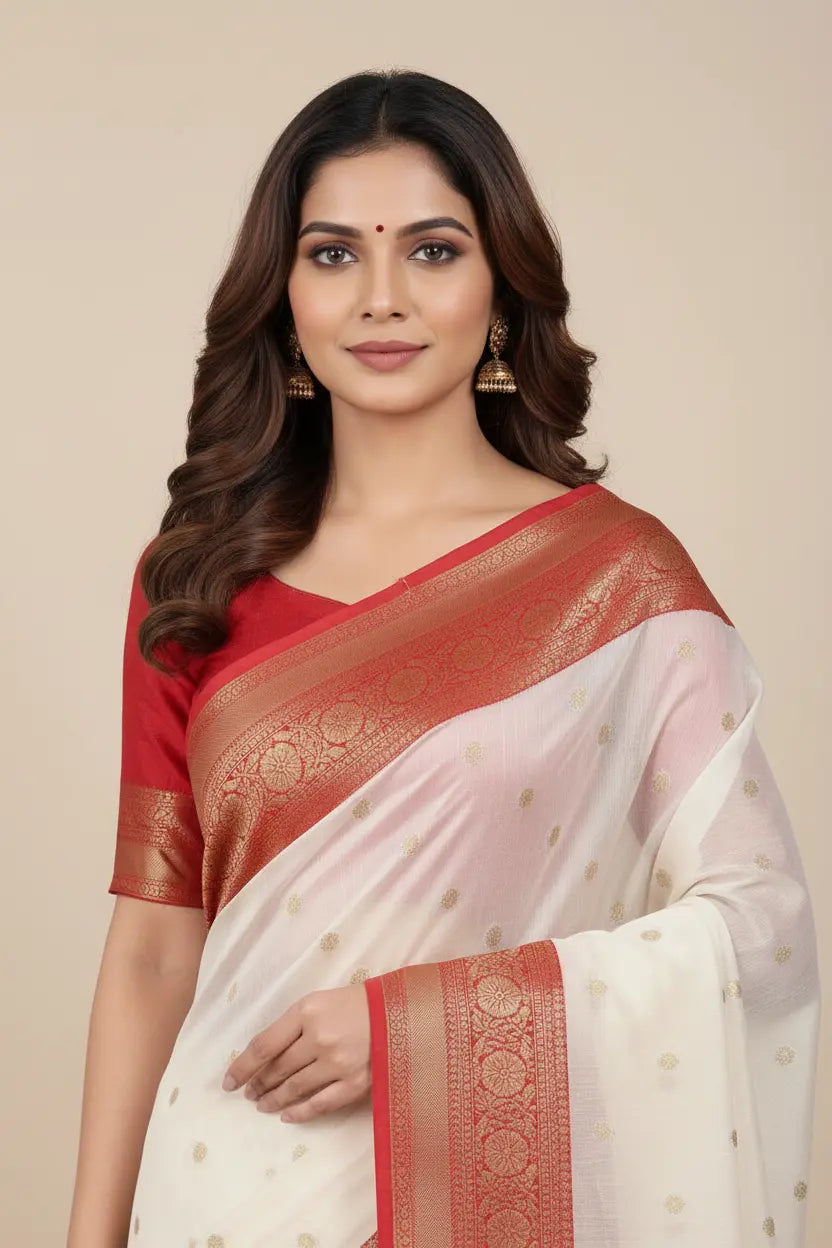 Woman wearing a white saree with red border on a beige background