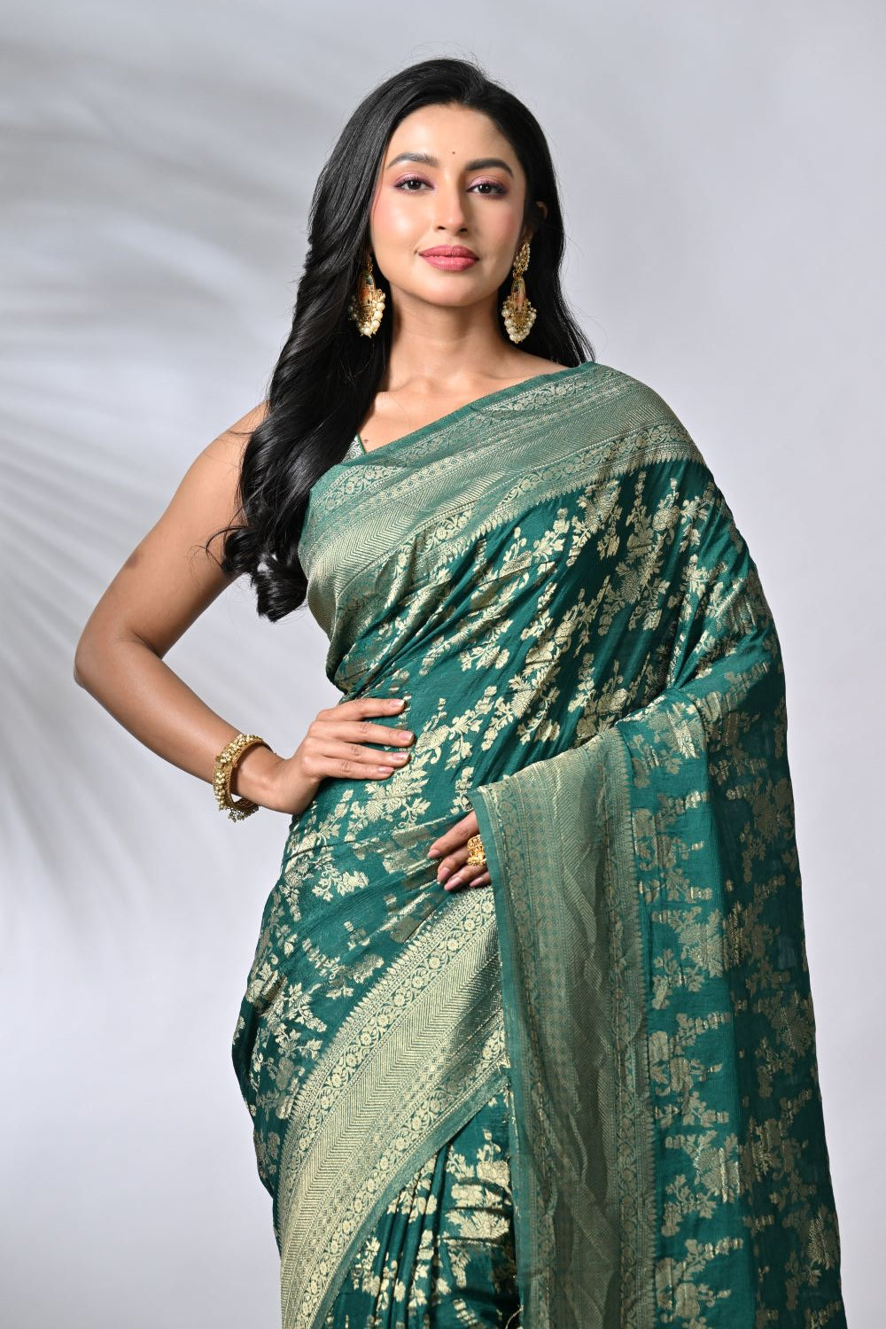 Flawless Bottle Green Crepe Khaddi Banarsi Saree