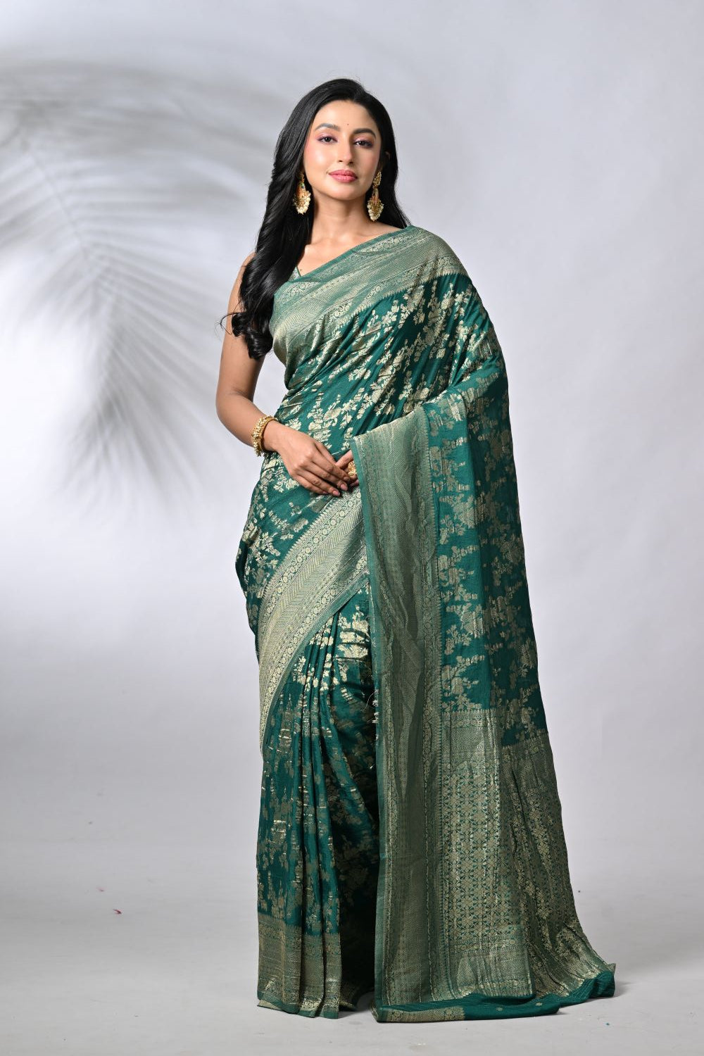 Flawless Bottle Green Crepe Khaddi Banarsi Saree