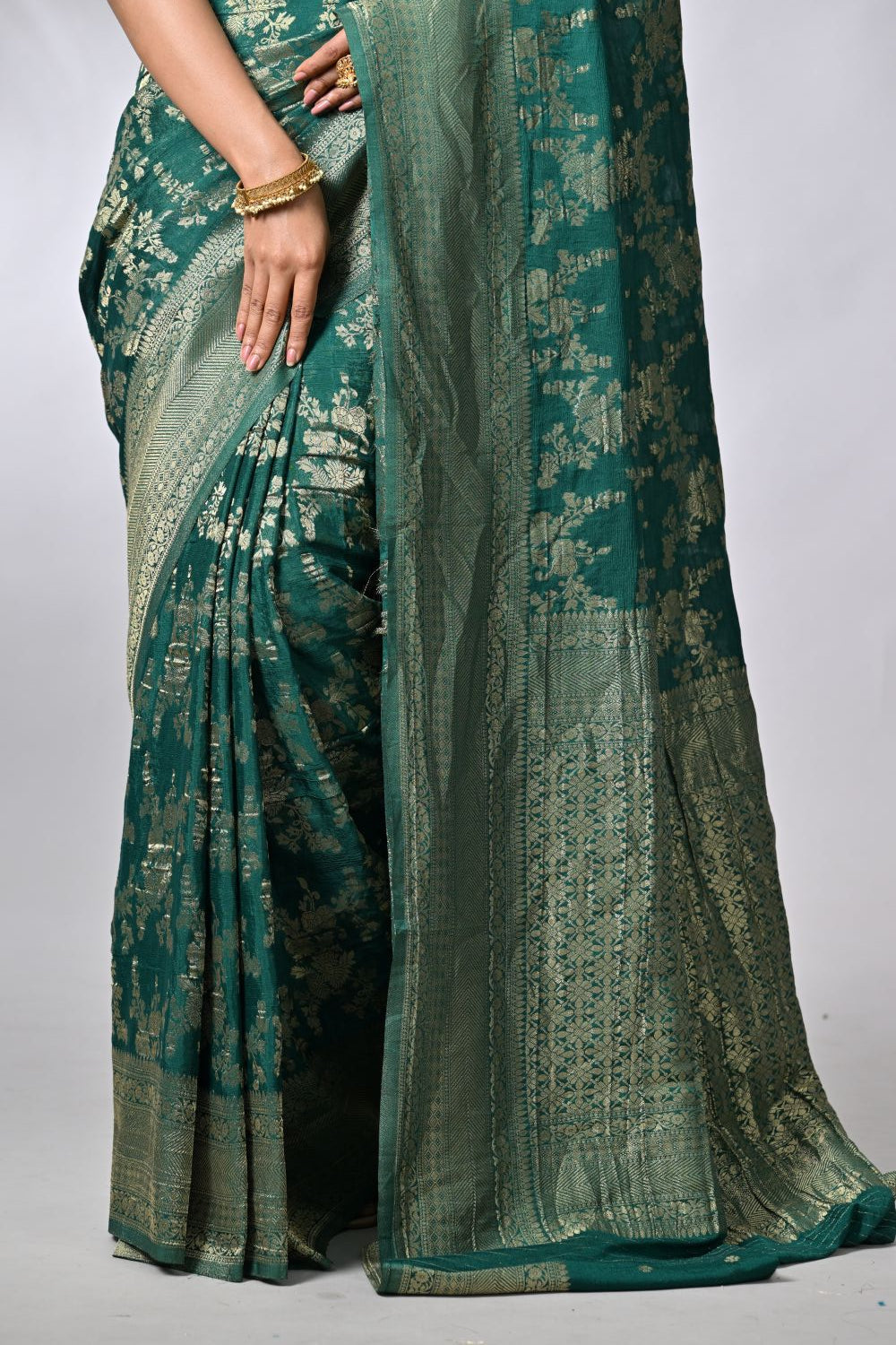 Flawless Bottle Green Crepe Khaddi Banarsi Saree