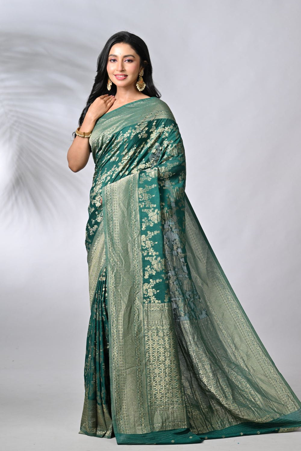 Flawless Bottle Green Crepe Khaddi Banarsi Saree