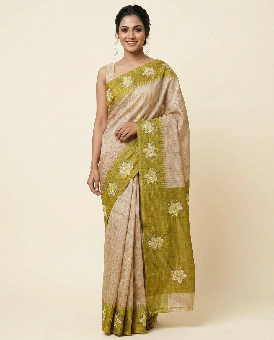 Tussar Silk Embroidered Saree with Contrast Border - Rangoli India