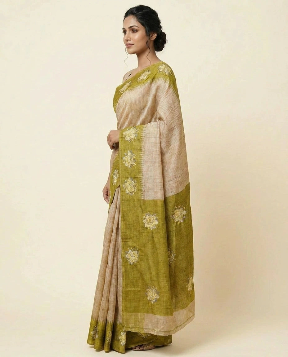Tussar Silk Embroidered Saree with Contrast Border - Rangoli India