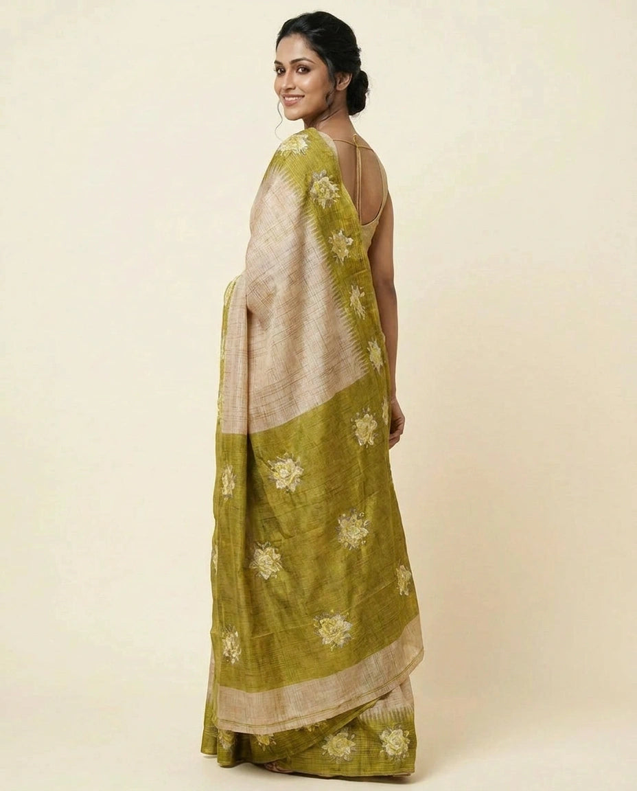 Tussar Silk Embroidered Saree with Contrast Border - Rangoli India
