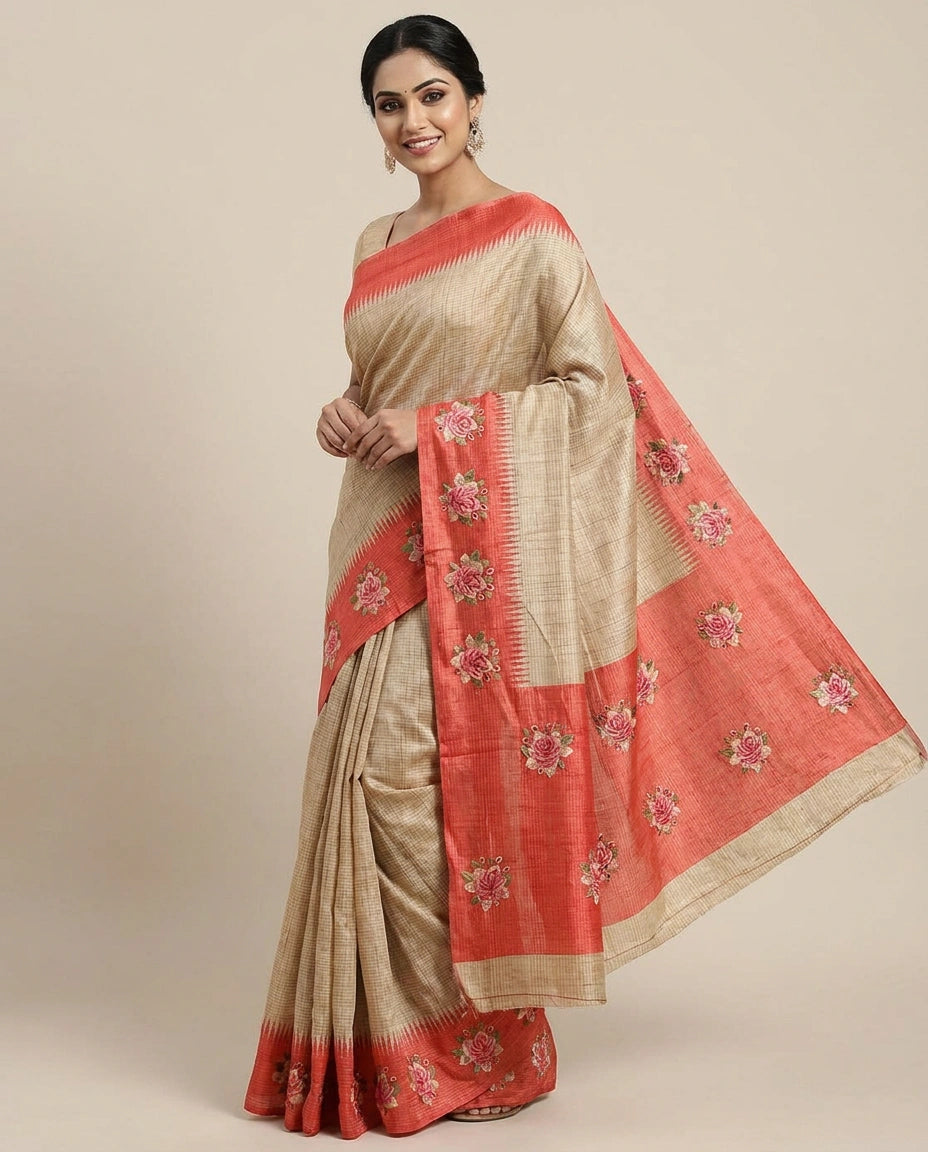 Tussar Silk Embroidered Saree with Contrast Border - Rangoli India