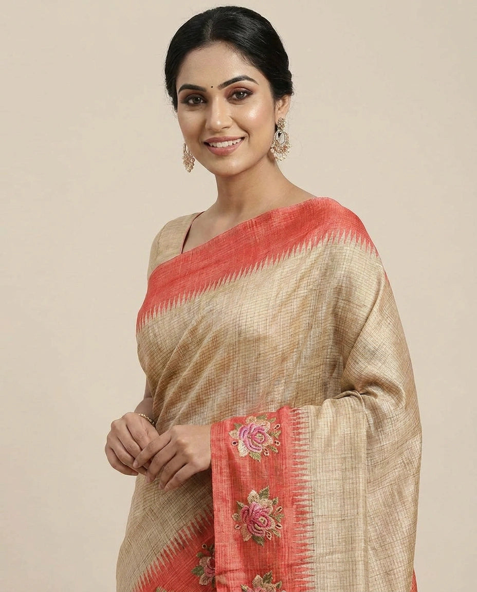Tussar Silk Embroidered Saree with Contrast Border - Rangoli India