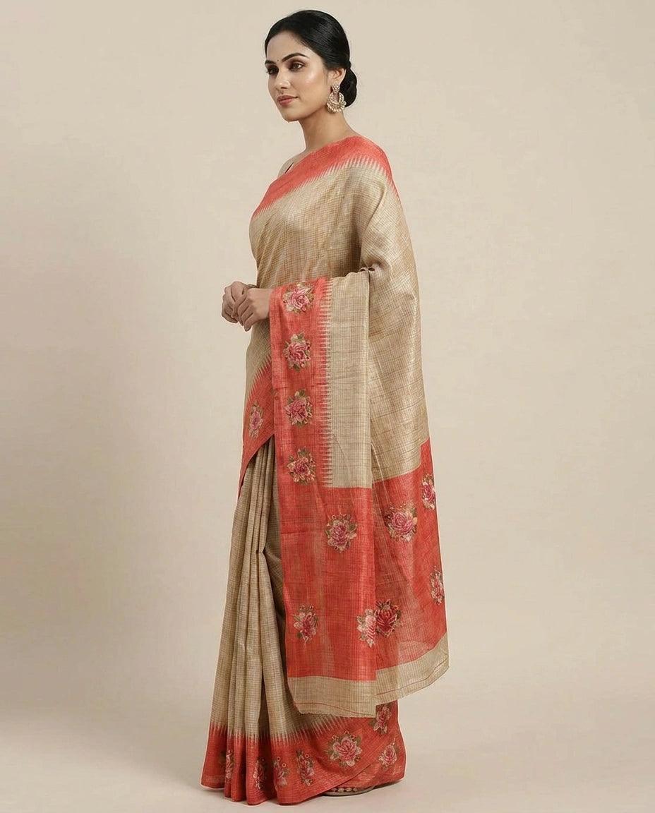 Tussar Silk Embroidered Saree with Contrast Border - Rangoli India