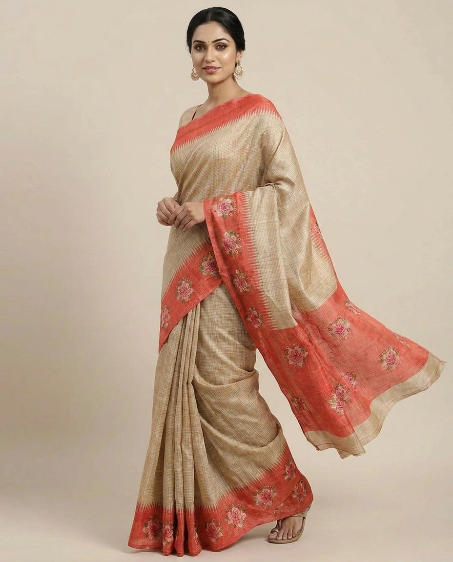 Tussar Silk Embroidered Saree with Contrast Border - Rangoli India