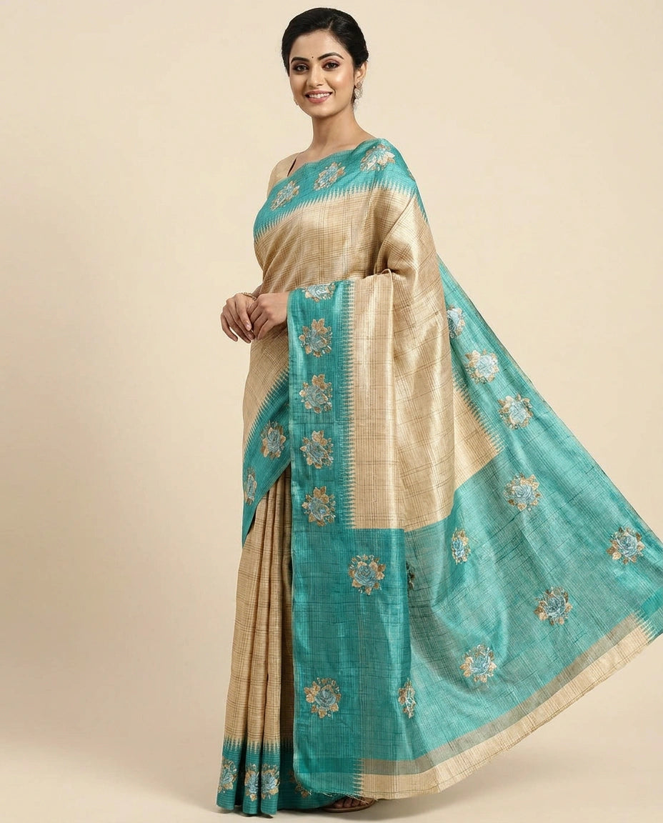 Tussar Silk Embroidered Saree with Contrast Border - Rangoli India