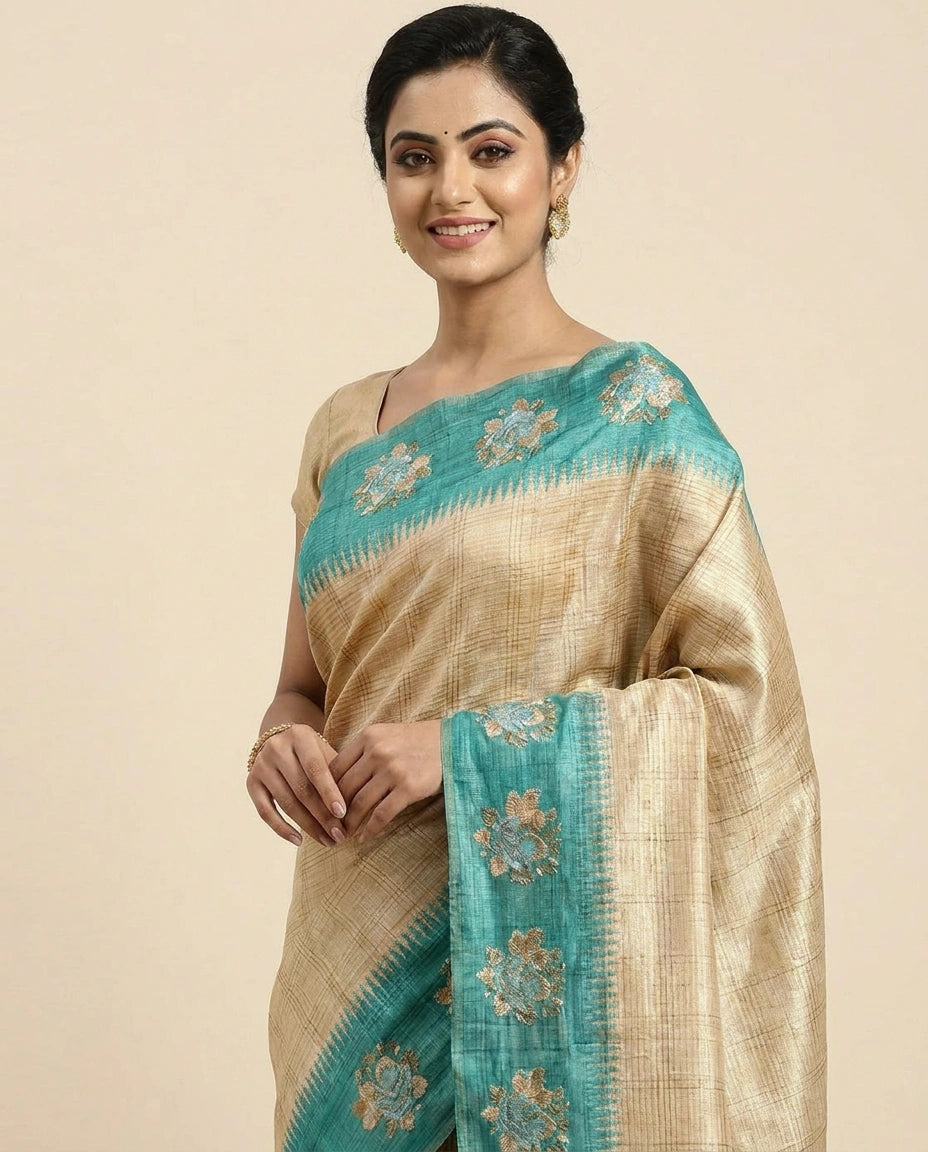 Tussar Silk Embroidered Saree with Contrast Border - Rangoli India