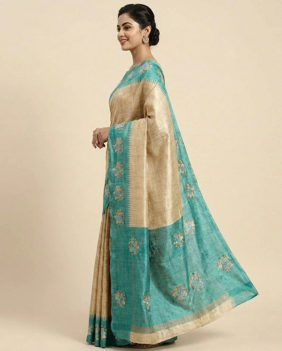 Tussar Silk Embroidered Saree with Contrast Border - Rangoli India
