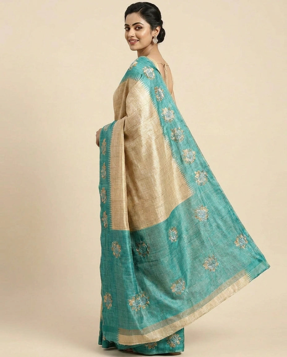 Tussar Silk Embroidered Saree with Contrast Border - Rangoli India