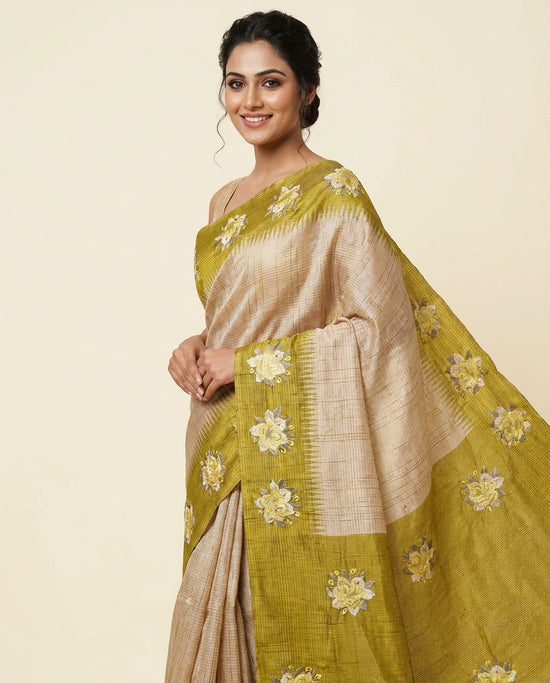 Tussar Silk Embroidered Saree with Contrast Border - Rangoli India