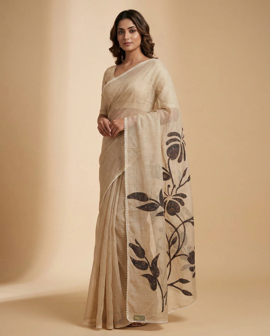 Linen Tissue Saree with Intricate Hand-Embroidery Border view 2