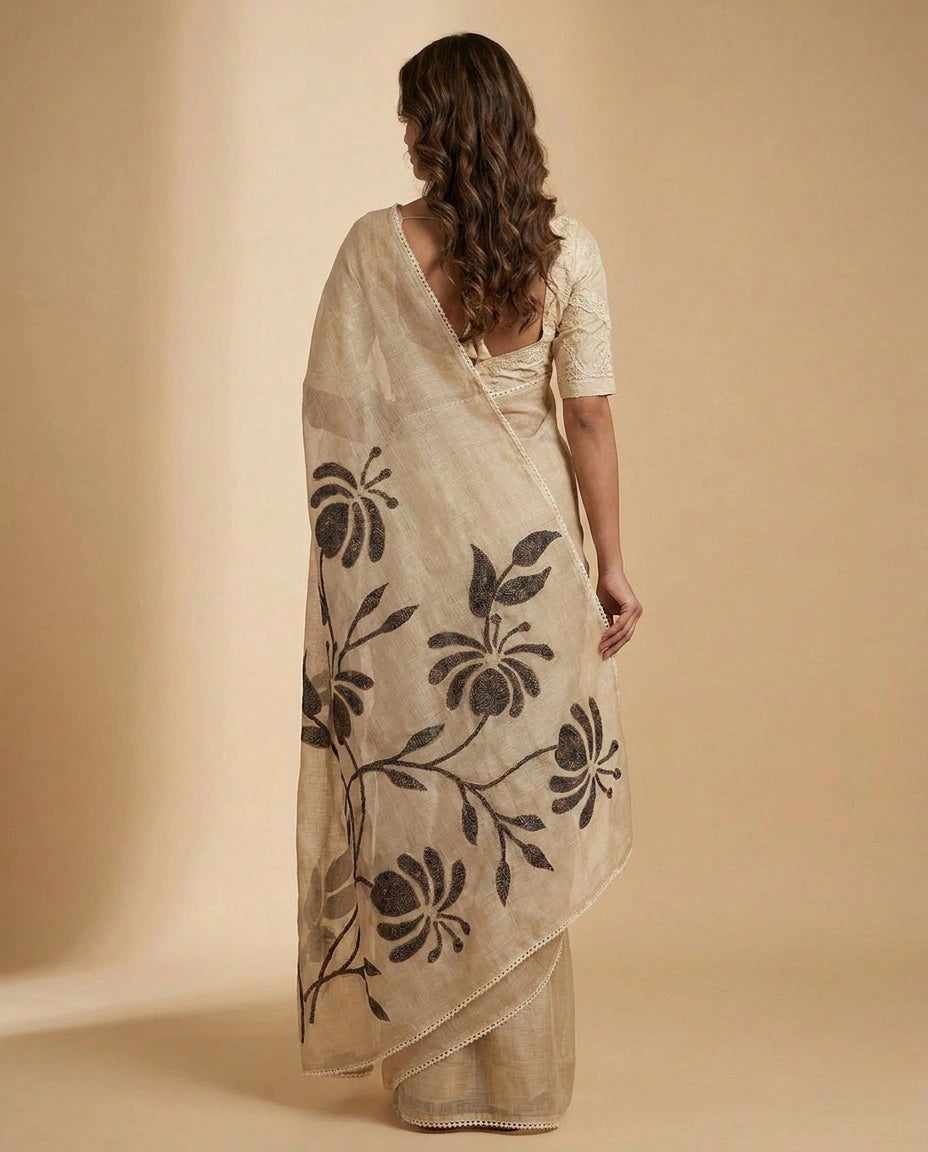 Linen Tissue Saree with Intricate Hand-Embroidery Border view 3
