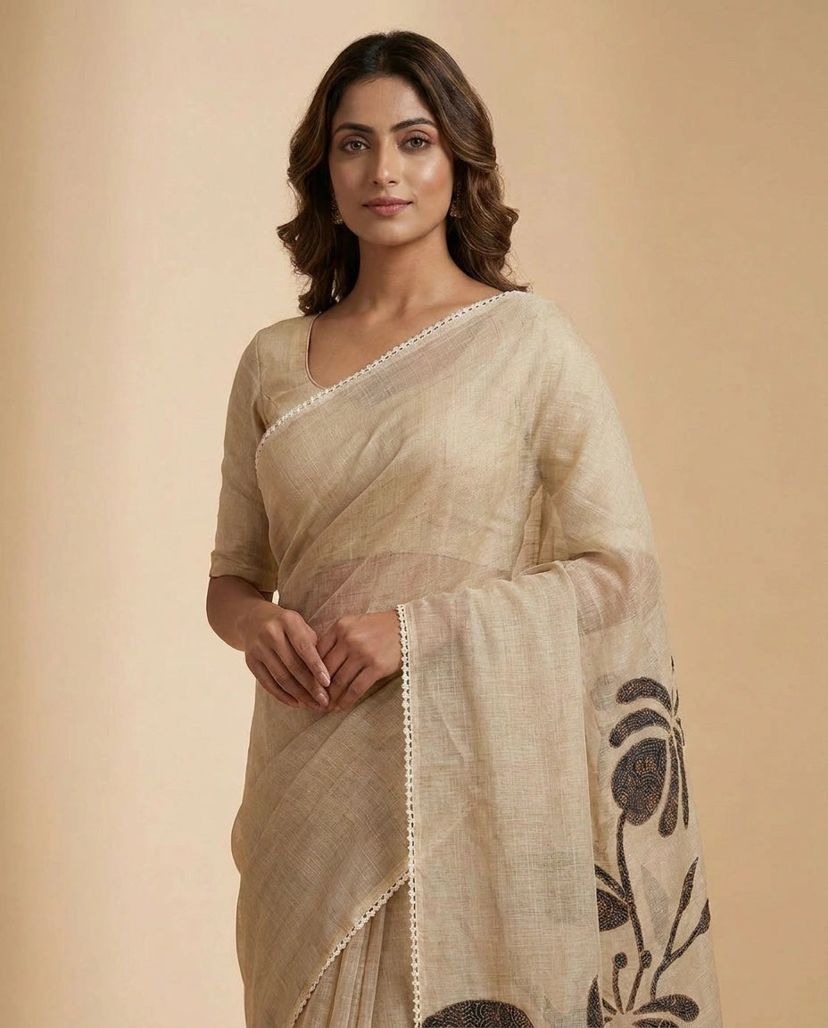 Linen Tissue Saree with Intricate Hand-Embroidery Border view 4