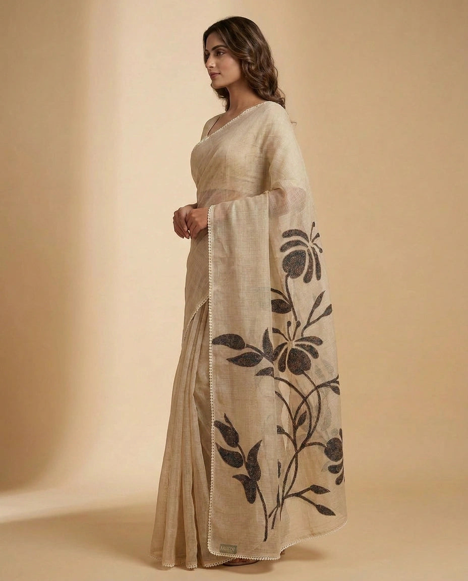 Beige/Blue Linen Tissue Saree with Intricate Hand-Embroidery Border