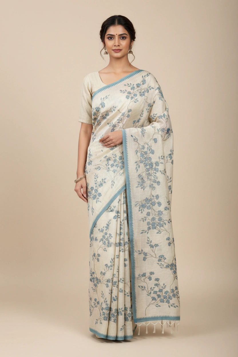 Embroidered Cotton Linen Saree with Breezy Festive Drape | Rangoli