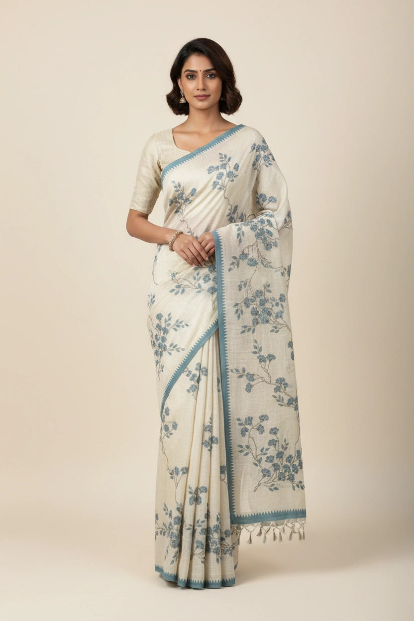 Embroidered Cotton Linen Saree with Breezy Festive Drape - View 2 | Rangoli