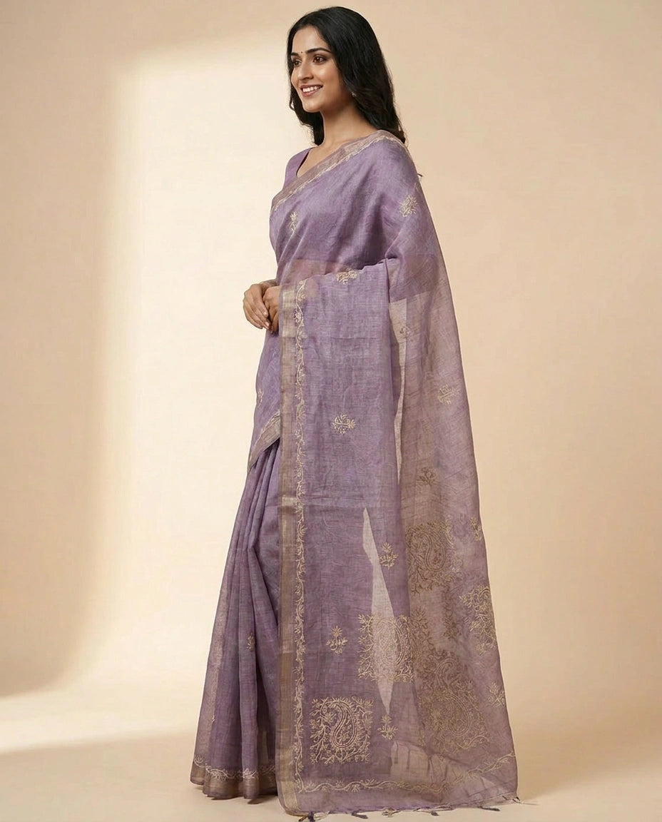 Linen Tissue Designer Saree - Rangoli India