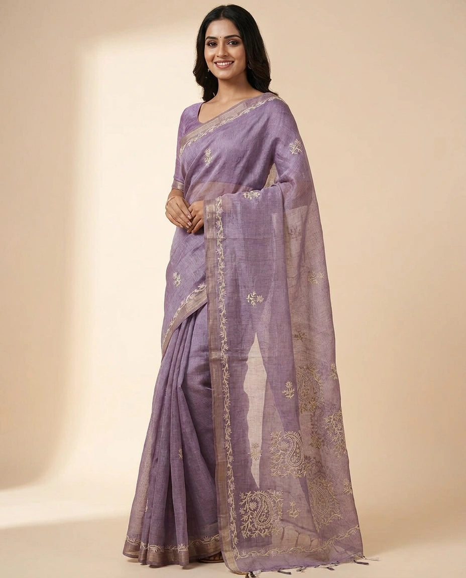 Linen Tissue Designer Saree - Rangoli India