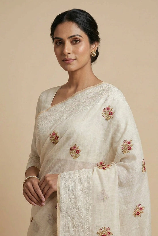 Beige Ivory Linen Tissue Saree with Floral Bouquet Thread Embroidery - Rangoli India