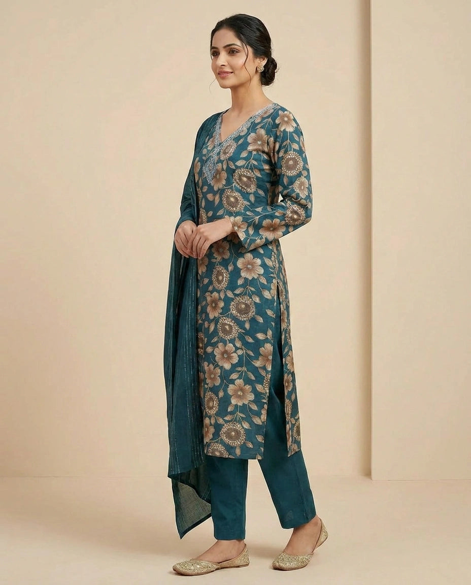 Cotton Straight Suit with Cutdana Embellishment Online India - Rangoli India