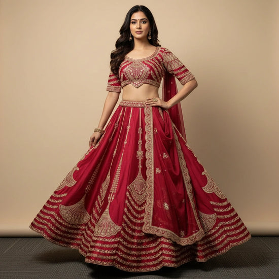 Luxury Bridal Marron Lehenga with Statement Blouse & Dupatta - silk Indian ethnic wear by Rangoli