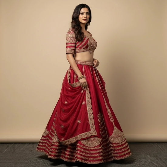 Luxury Bridal Marron Lehenga with Statement Blouse & Dupatta - silk Indian ethnic wear by Rangoli