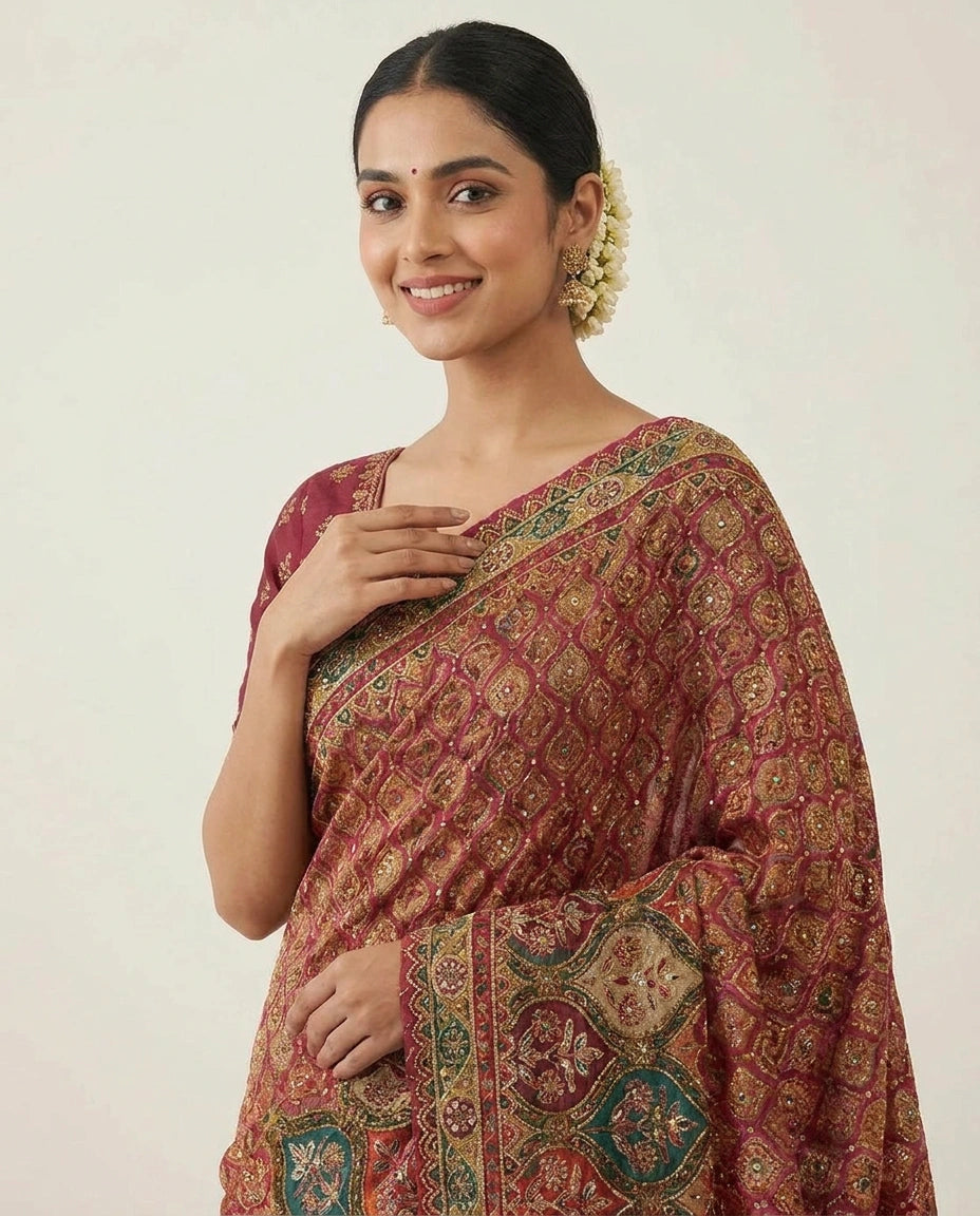 Crepe Silk Embroidered Saree - Rangoli India