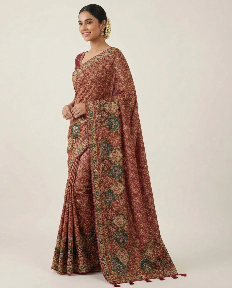 Crepe Silk Embroidered Saree - Rangoli India