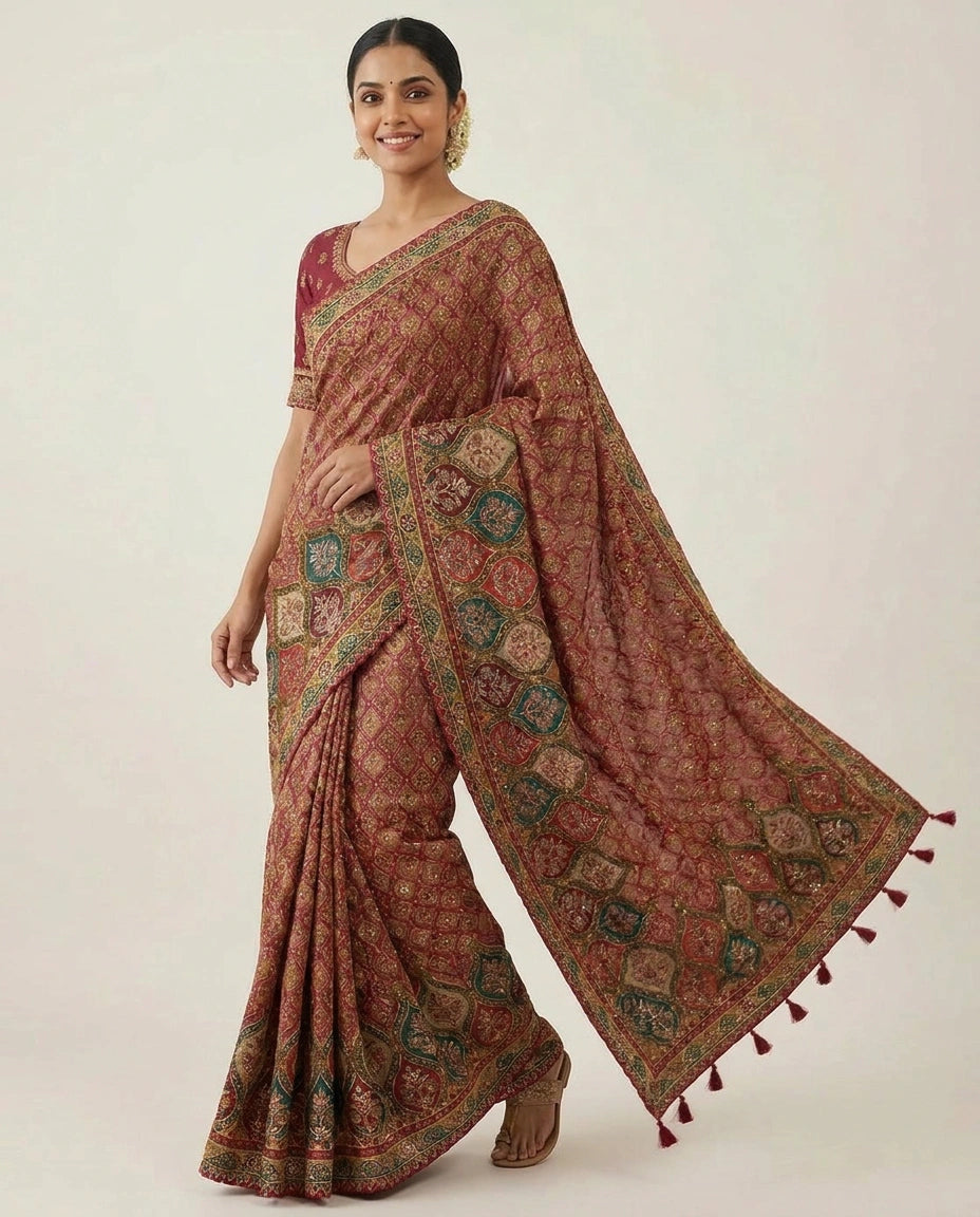 Crepe Silk Embroidered Saree - Rangoli India