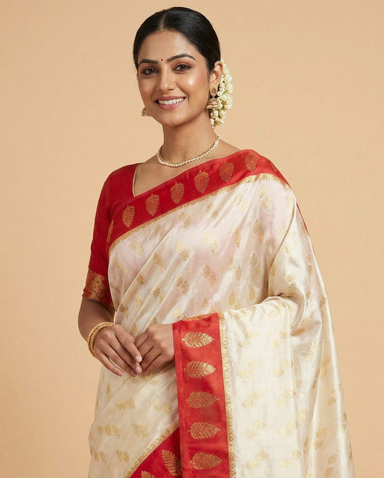 Off White Banarasi Saree with Red Border - Rangoli India