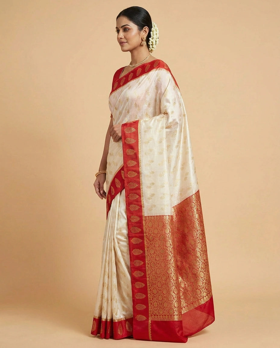 Off White Banarasi Saree with Red Border - Rangoli India