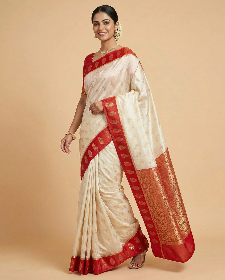 Off White Banarasi Saree with Red Border - Rangoli India