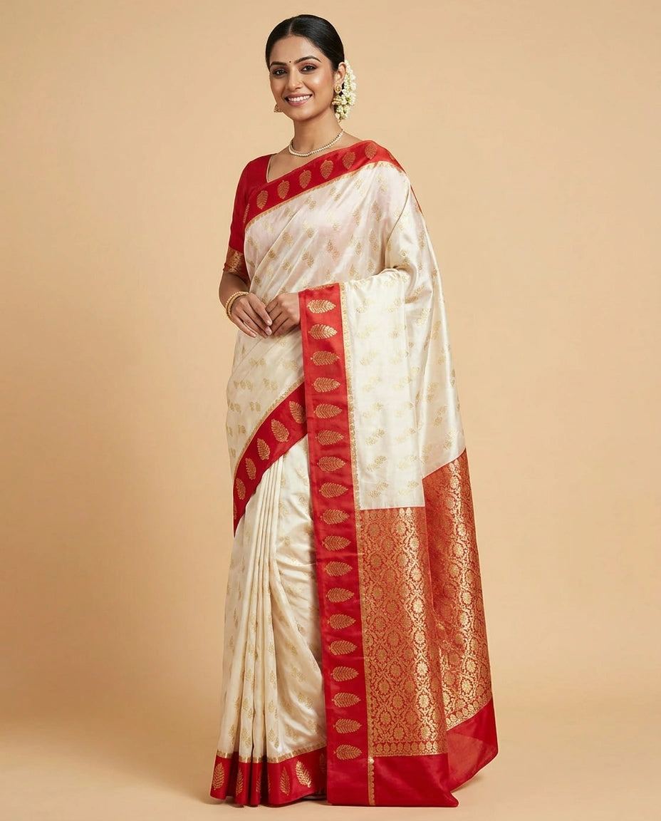 Off White Banarasi Saree with Red Border - Rangoli India