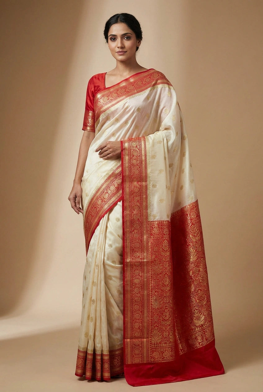 Woman wearing a white saree with red border on a beige background
