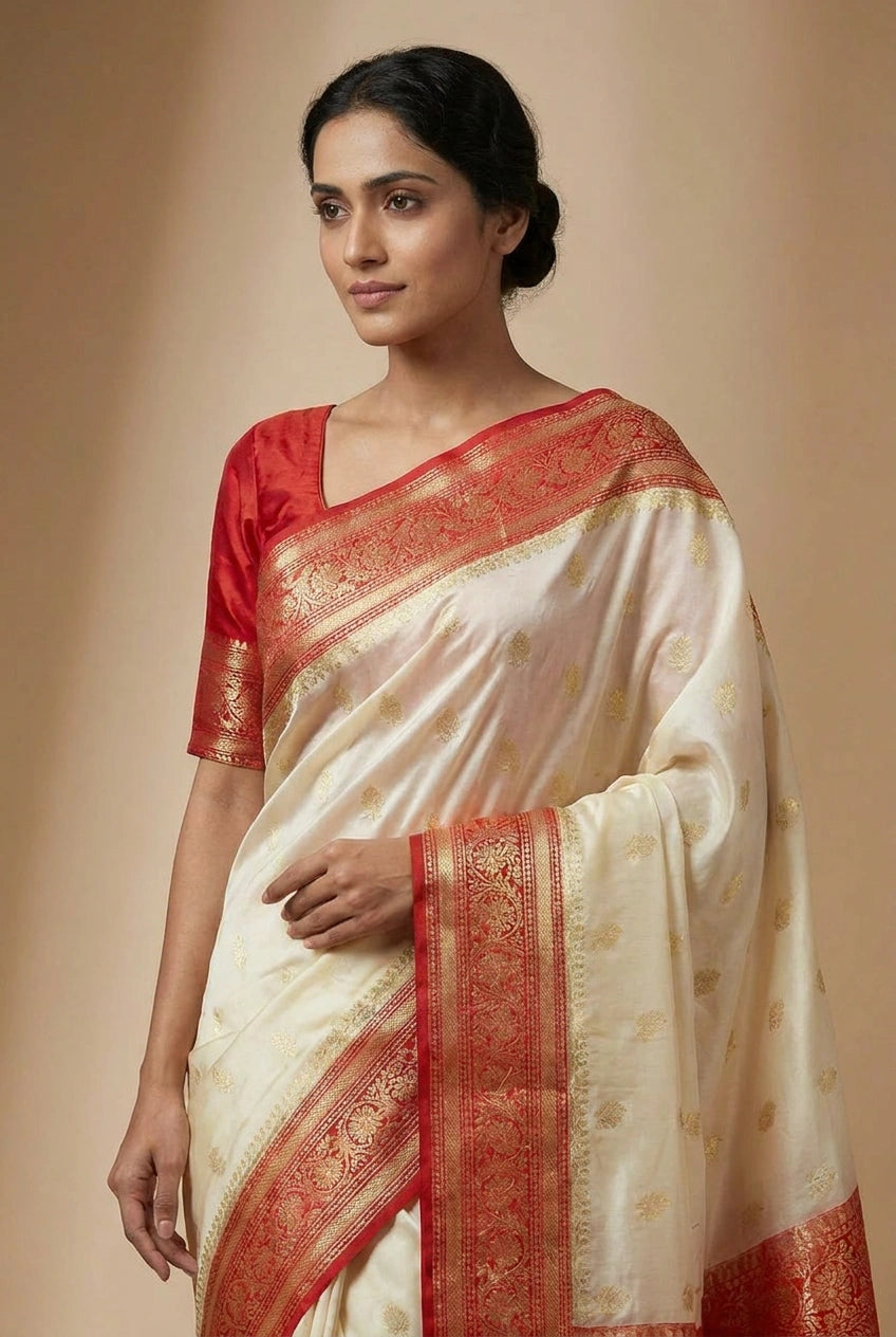 Woman wearing a traditional white saree with red border against a beige background