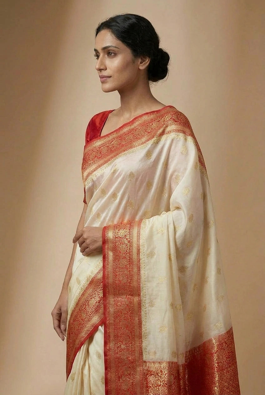 Woman wearing a cream saree with red border against a beige background