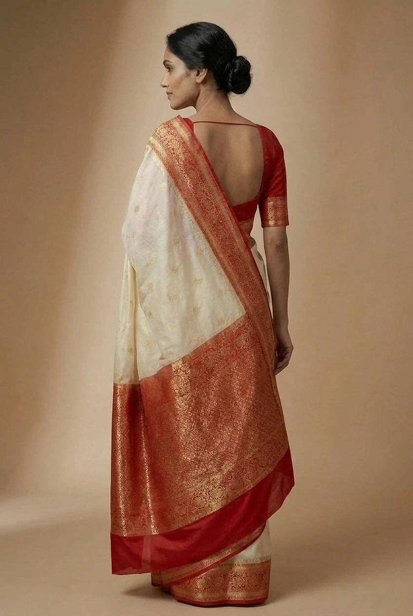 Off White/Red Katan Silk Banarasi Saree for Wedding Wear