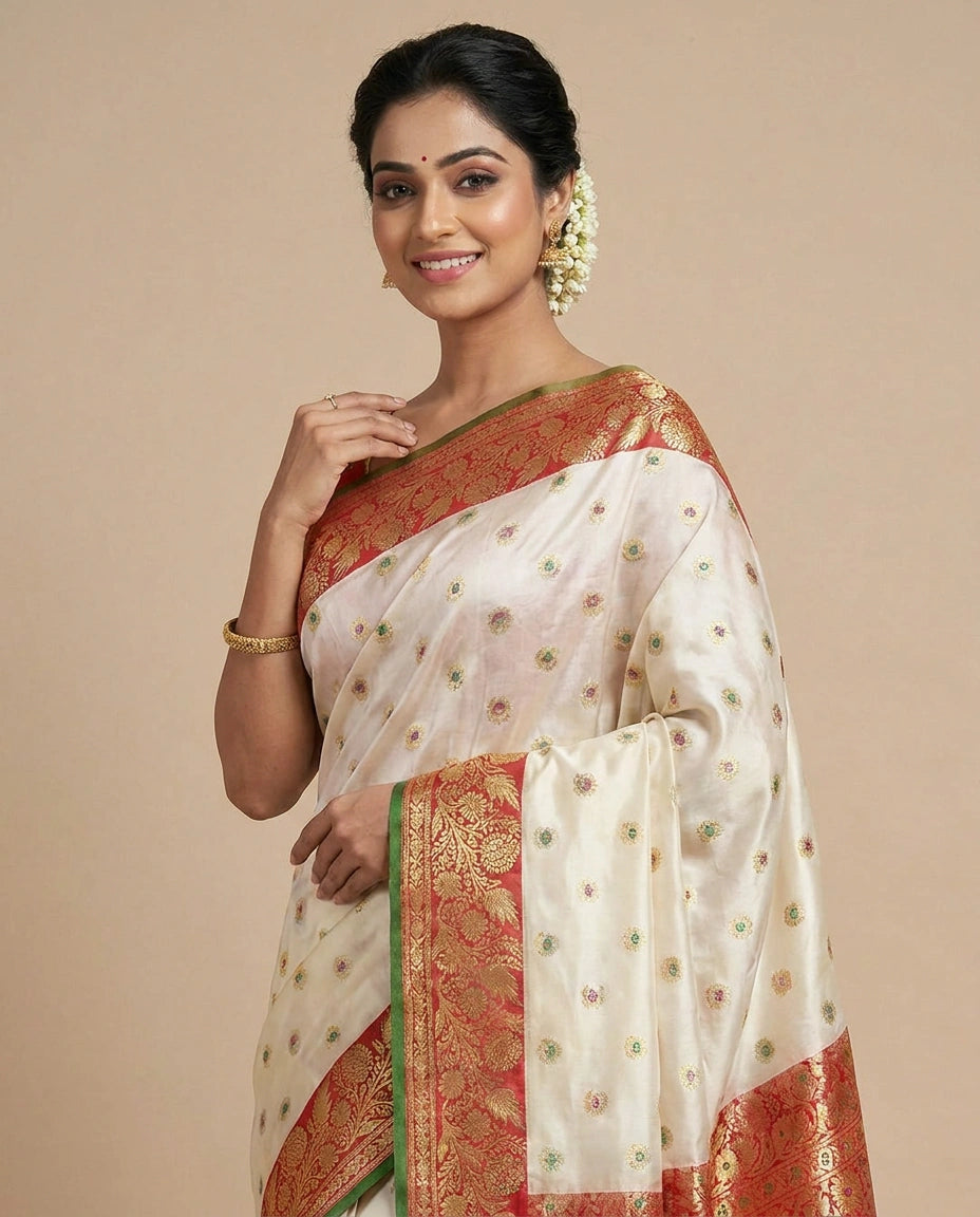 Off White Banarasi Saree in Silk Katan - Rangoli India