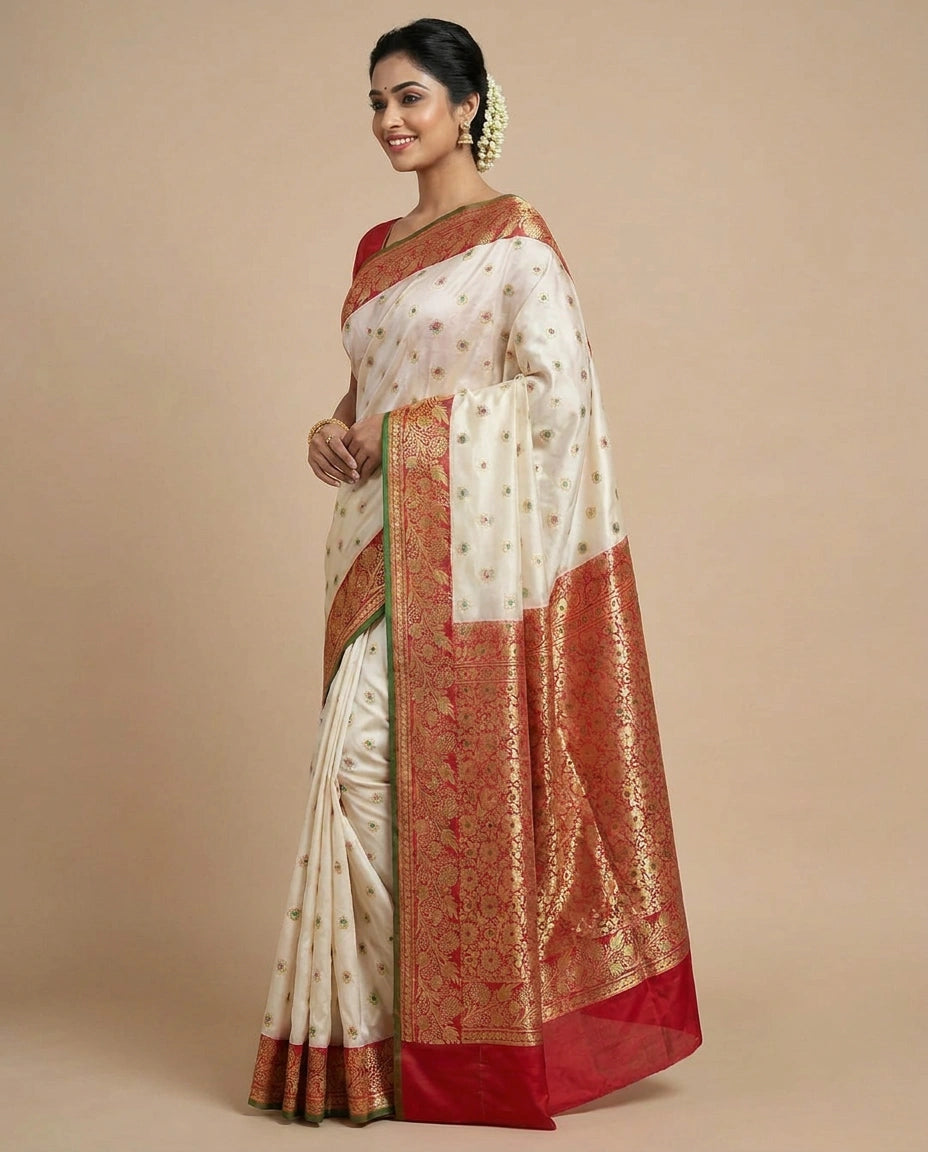 Off White Banarasi Saree in Silk Katan - Rangoli India