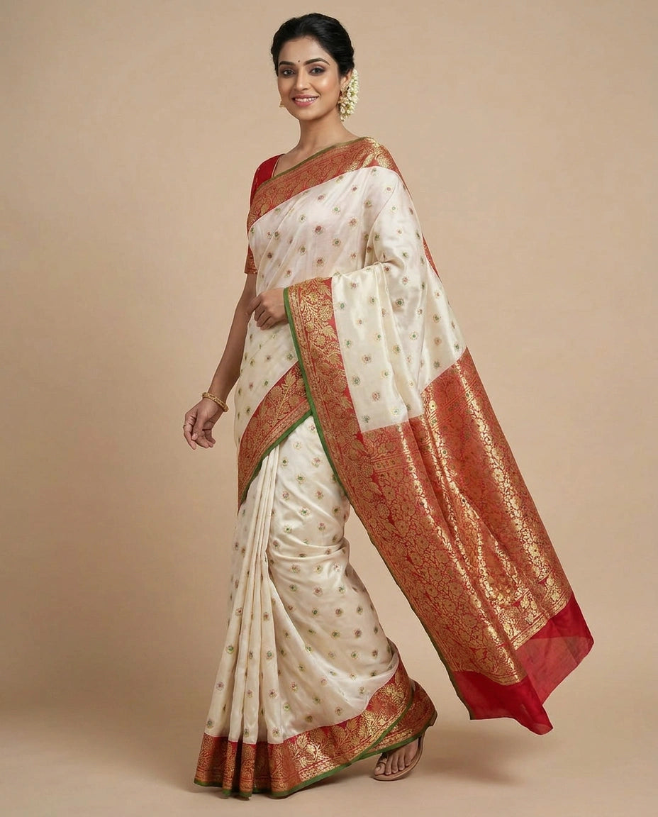 Off White Banarasi Saree in Silk Katan - Rangoli India