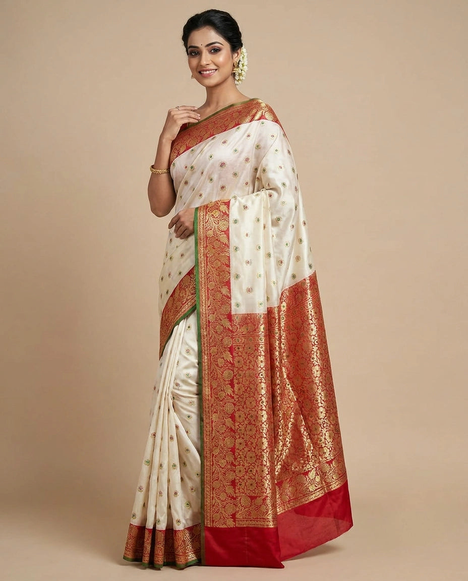 Off White Banarasi Saree in Silk Katan - Rangoli India