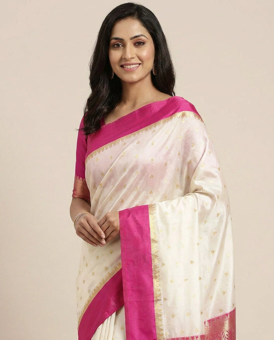 Off White Banarasi Saree with Woven Motif - Rangoli India