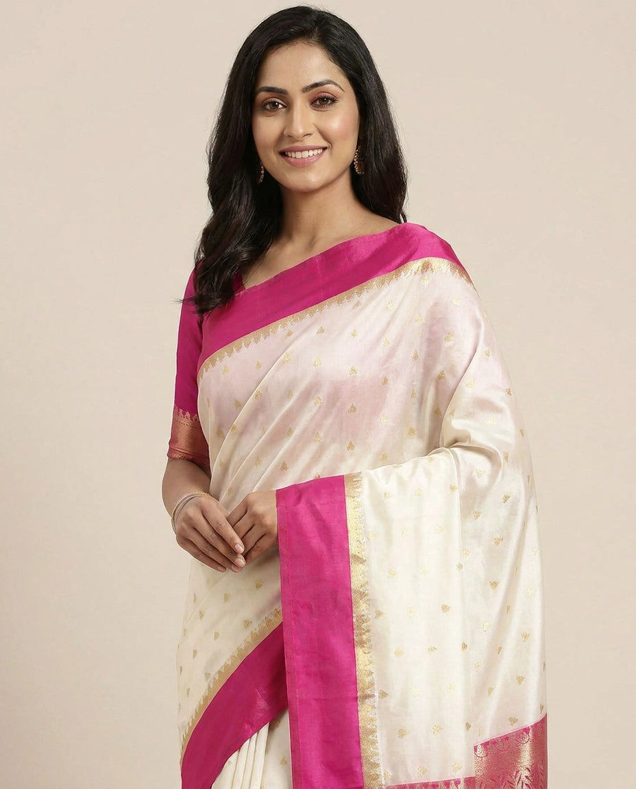 Off White Banarasi Saree with Woven Motif - Rangoli India