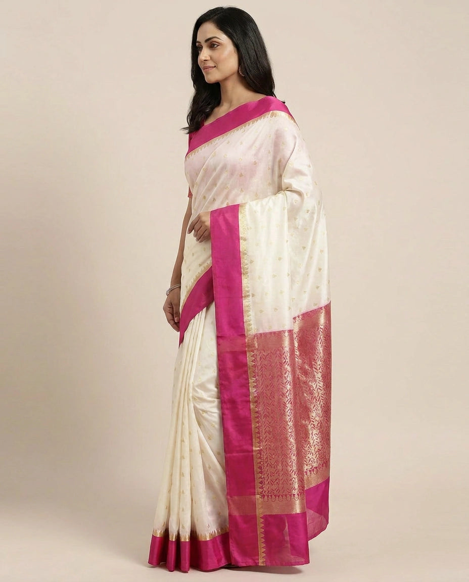 Off White Banarasi Saree with Woven Motif - Rangoli India