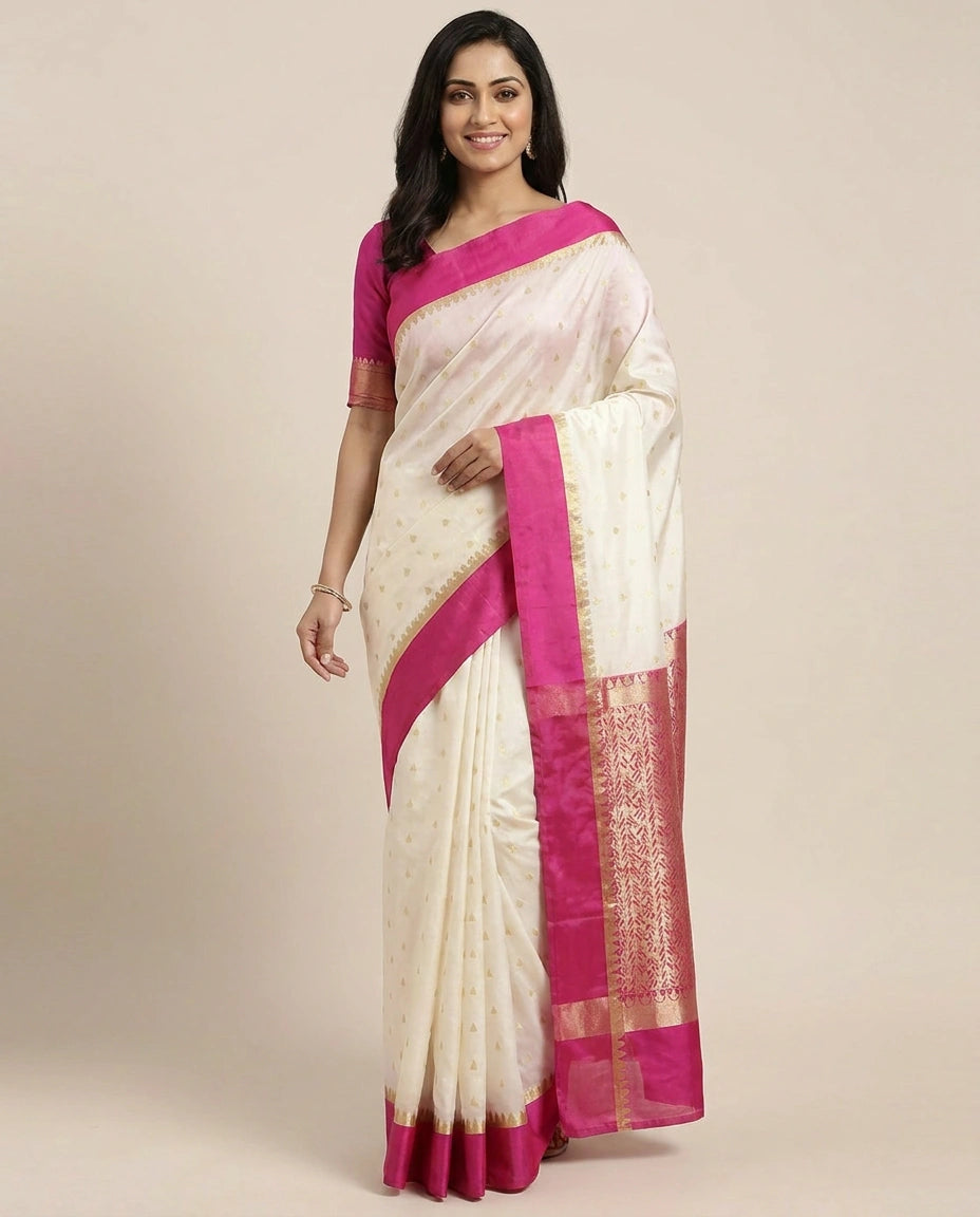 Off White Banarasi Saree with Woven Motif - Rangoli India